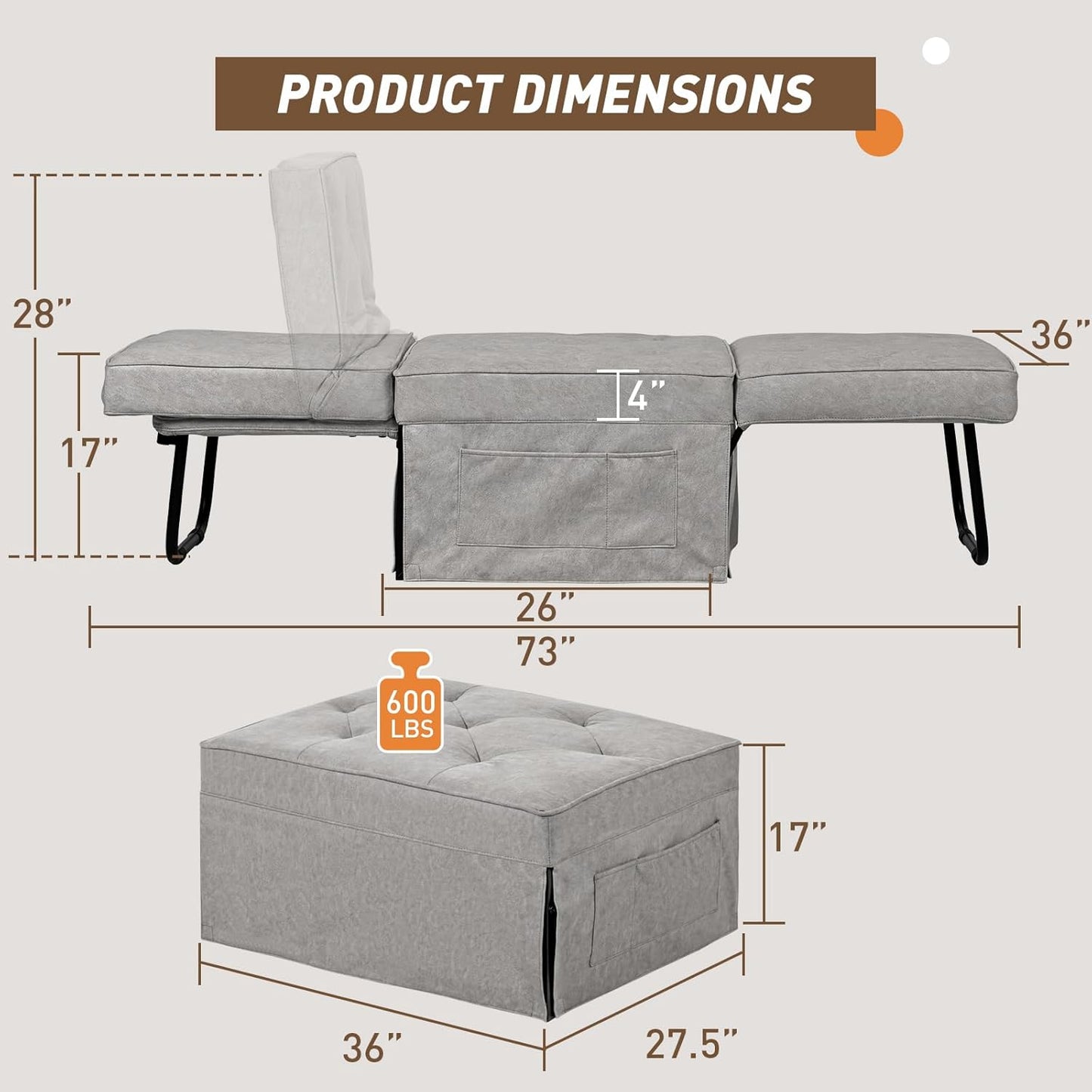Convertible Sofa Bed, 4 in 1 Multi-Function Folding Ottoman Bed with Adjustable Backrest, Modern Pull Out Sleeper Chair for Living Room Apartment Office (Plus Beige, 36" Width-Large)