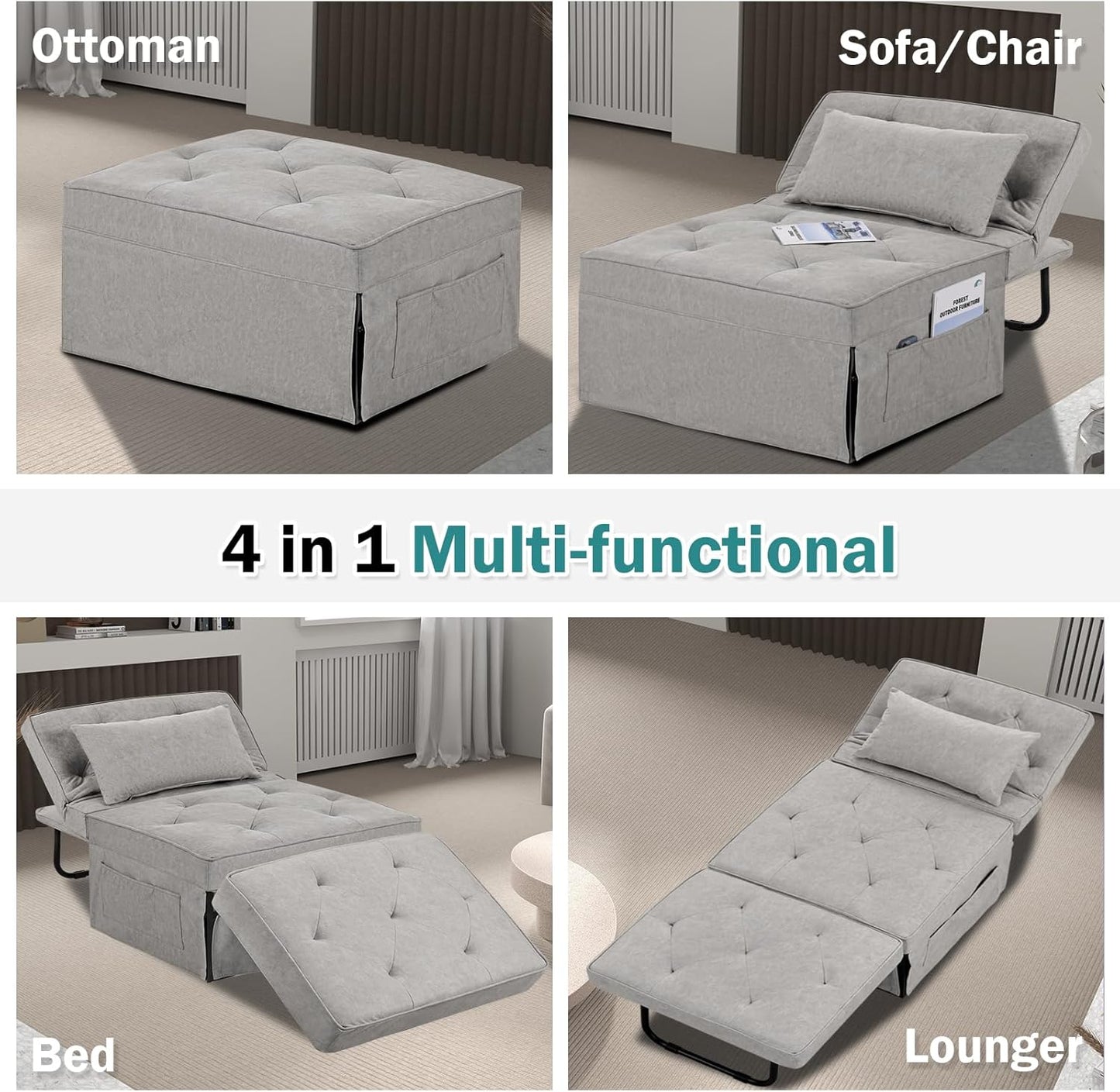 Convertible Sofa Bed, 4 in 1 Multi-Function Folding Ottoman Bed with Adjustable Backrest, Modern Pull Out Sleeper Chair for Living Room Apartment Office (Plus Beige, 36" Width-Large)