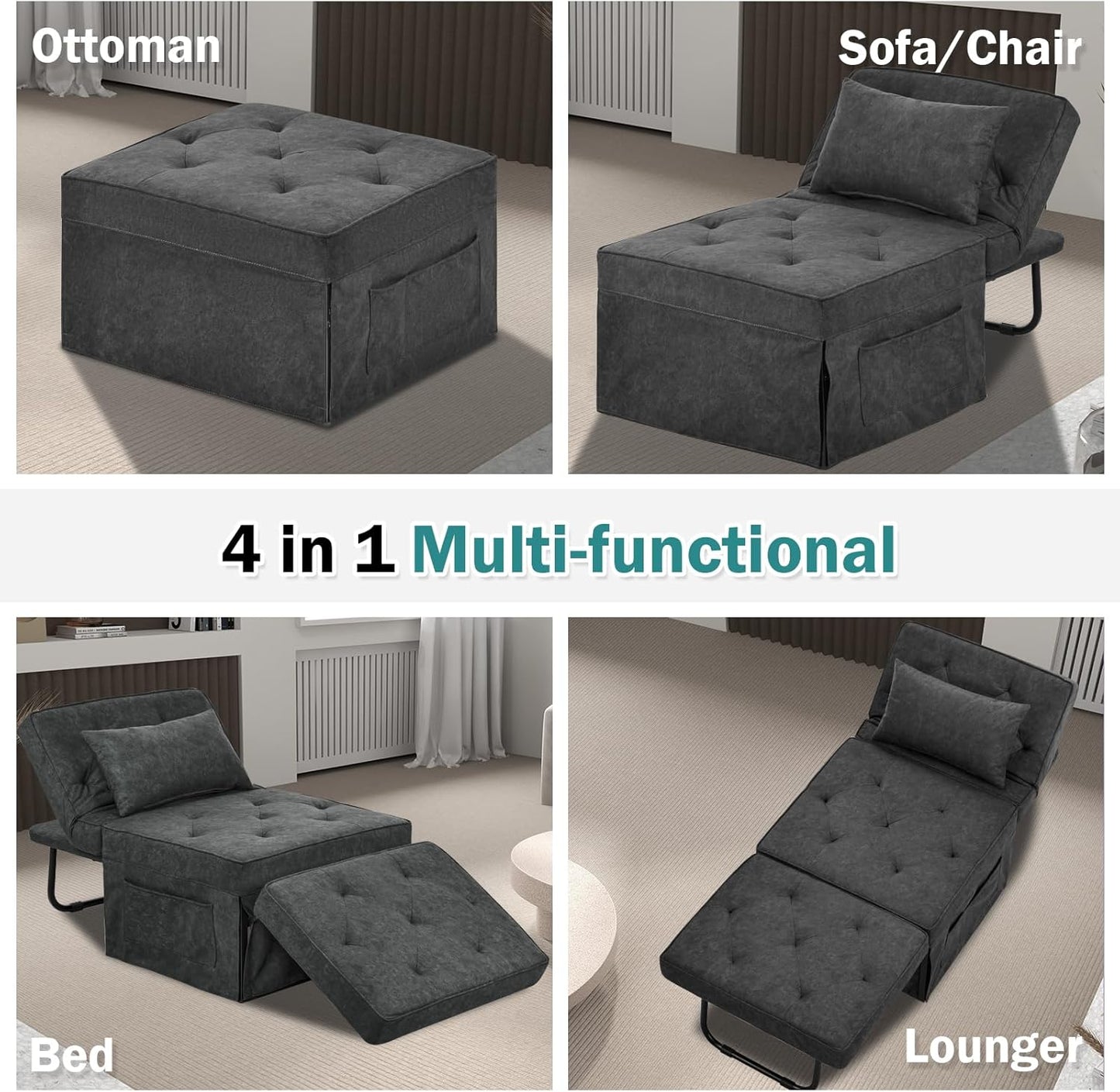 Convertible Sofa Bed, 4 in 1 Multi-Function Folding Ottoman Bed with Adjustable Backrest, Modern Pull Out Sleeper Chair for Living Room Apartment Office (Plus Beige, 36" Width-Large)