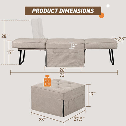 Convertible Sofa Bed, 4 in 1 Multi-Function Folding Ottoman Bed with Adjustable Backrest, Modern Pull Out Sleeper Chair for Living Room Apartment Office (Plus Beige, 36" Width-Large)