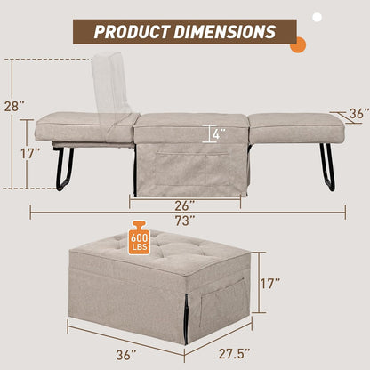 Convertible Sofa Bed, 4 in 1 Multi-Function Folding Ottoman Bed with Adjustable Backrest, Modern Pull Out Sleeper Chair for Living Room Apartment Office (Plus Beige, 36" Width-Large)